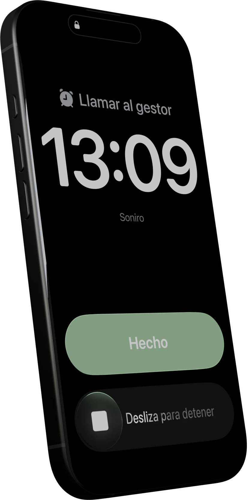 La alarma de Soniro ocupando la pantalla, con el botón verde «Hecho» y un deslizador para detener.